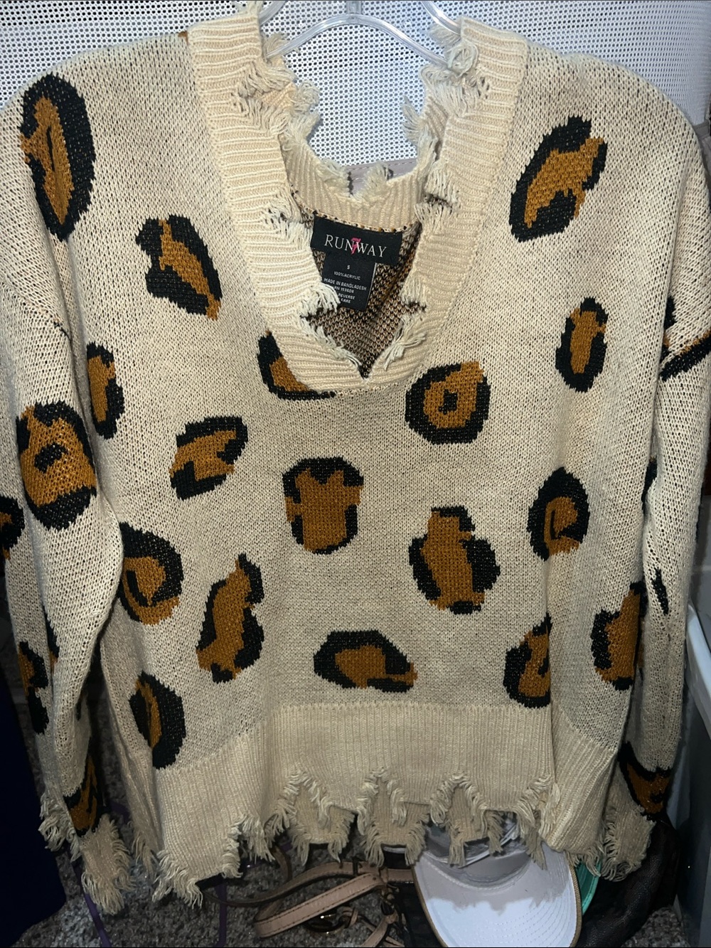 Runway Cream Leopard-Print Distressed V-Neck Sweater